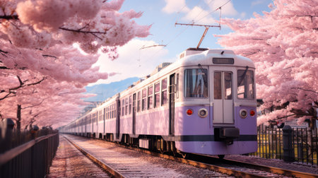 Cherry blossoms in full bloom and a train in the backgroundの素材