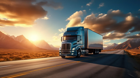 Truck on the road at sunset. 3D rendering image.の素材