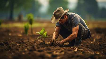 Farmer planting a seedling in the field. Concept of agriculture.の素材