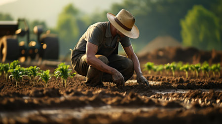 Farmer planting seedlings in the field at early morning, agriculture conceptの素材