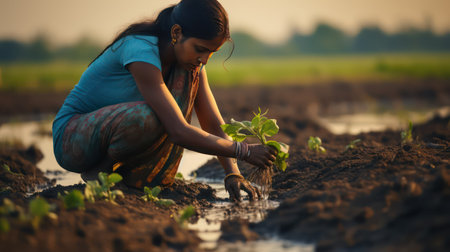 Farmer woman planting seedlings in paddy field at sunset.の素材