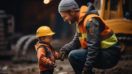 Young man in a construction helmet with a child in his arms.の素材
