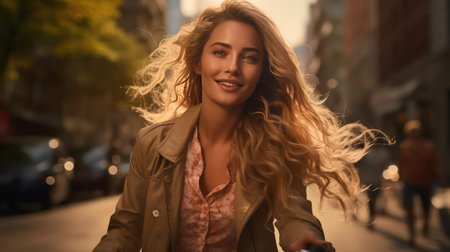 Beautiful young woman with long curly hair in a beige coat on a city streetの素材