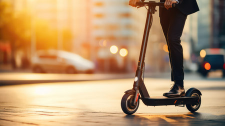 Close up of businessman riding electric scooter in the city at sunsetの素材