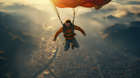 Parachutist flies over the city at sunset. The concept of extreme sports, extreme tourismの素材