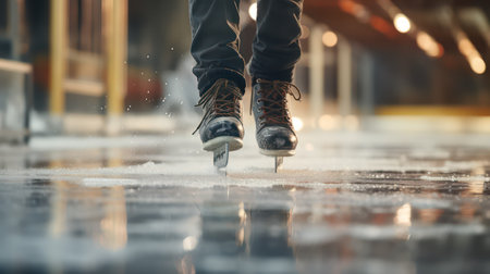 Man ice skating on ice rink in winter, close-up.の素材