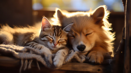 Cute cat and dog sleeping together on wooden bench in sunlight.の素材