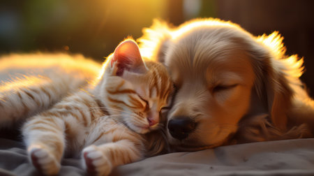 Cute Golden Retriever puppy and tabby kitten are sleeping together.の素材