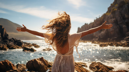 Beautiful young woman with long curly hair in a white dress on the background of the seaの素材