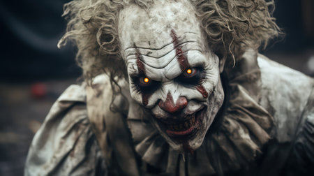 Close up of scary clown face. Halloween concept. Horror film.の素材