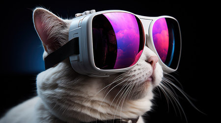 Portrait of a white cat wearing virtual reality glasses on black backgroundの素材