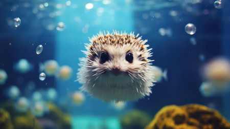 Hedgehog in aquarium with bubbles and water. Sea animal.の素材