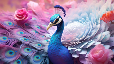 Peacock with peacock feathers and flowers. 3d renderingの素材