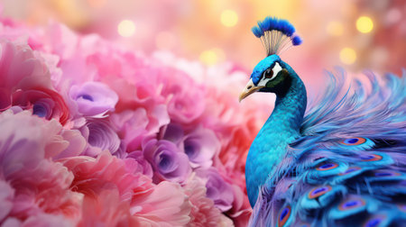Peacock with colorful flowers on bokeh background, closeupの素材