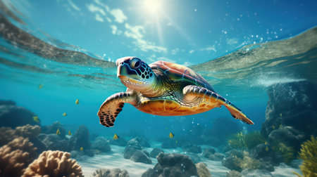 Green sea turtle swimming underwater in blue ocean. 3d illustration.の素材