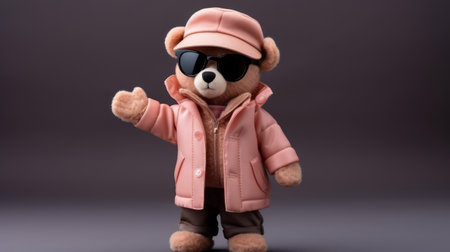 Teddy bear wearing a pink jacket and sunglasses on a gray backgroundの素材