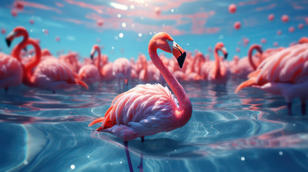 Flamingo in the ocean. 3d render. 3d illustrationの素材