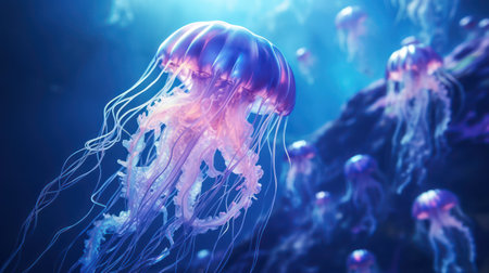 Jellyfish swimming in the water. Underwater world. 3d renderingの素材