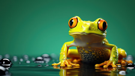 Frog with water drops on green background. 3d illustration.の素材