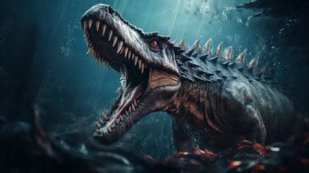 Tyrannosaurus dinosaur in the aquarium. 3d rendering.の素材