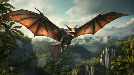 3D rendering of a fantasy dragon flying in the jungle at sunsetの素材