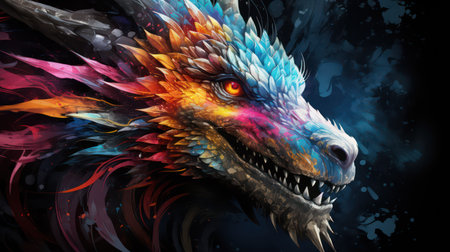 Dragon head with multicolored fire and smoke on a dark backgroundの素材