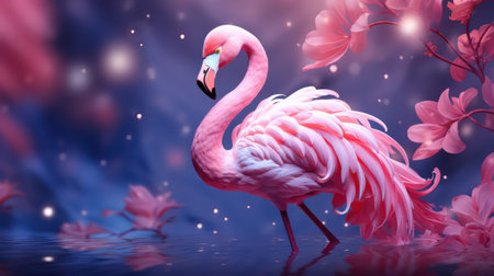 Pink flamingo on the background of a pink flower. 3d renderingの素材
