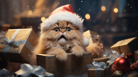 Persian cat in Santa Claus hat on Christmas background. New Year concept.の素材