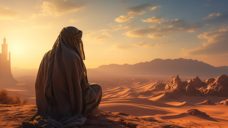 3d rendering of muslim man sitting in the desert at sunsetの素材