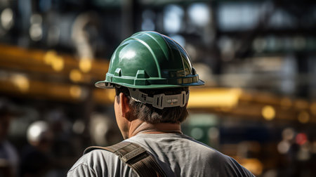 Worker wearing a safety helmet and holding a hard hat in a factoryの素材