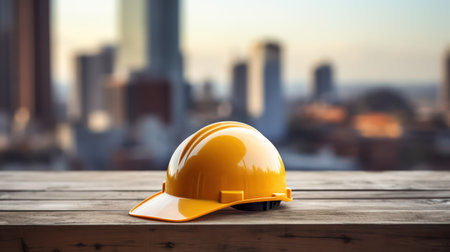 Hard hat on a wooden table in front of a city background.の素材