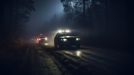 Police car chasing a car on a foggy road at night.の素材