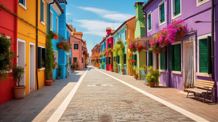 Colorful houses in Burano island, Venice, Italy. Long exposureの素材