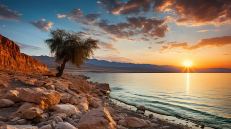 Sunset on the Dead Sea in Israel. Beautiful summer landscape.の素材