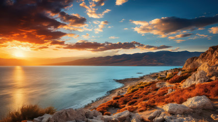 Beautiful sunset over the Dead Sea, Israel. Panoramic viewの素材