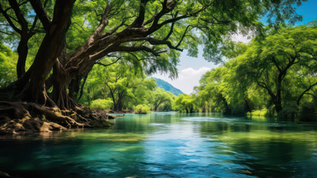 Tropical forest and river with blue sky background. Nature landscape