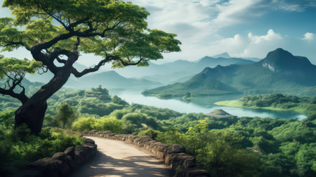 Panoramic view of a road leading to a lake surrounded by mountainsの素材