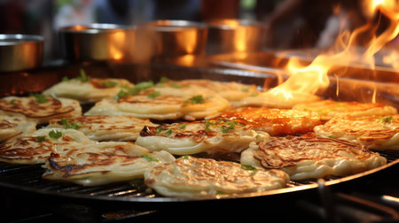 Pancakes on the grill in the restaurant. Shallow depth of field.の素材