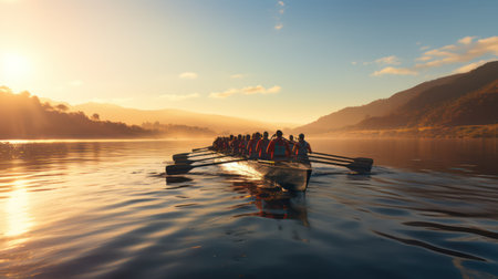 Silhouette of a group of people rowing on a lake at sunsetの素材