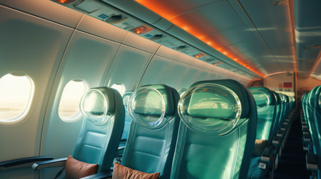 Interior of airplane with seats and window lights. Travel concept.の素材