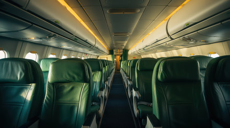 Interior of a modern airplane with empty seats and bright yellow lightsの素材