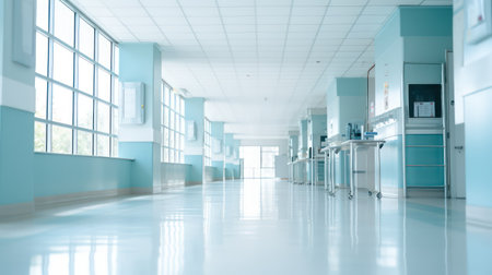 Interior of a hospital corridor with blue walls and white floor.の素材