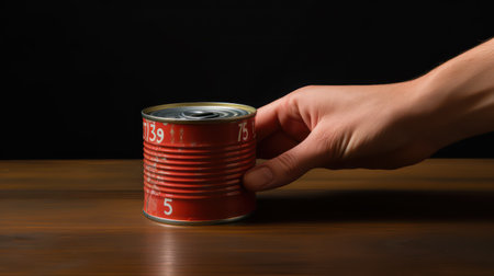 Cans of canned food on wooden table, isolated on black backgroundの素材