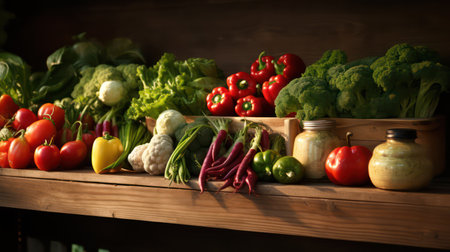 Composition with variety of raw organic vegetables on wooden shelf, closeupの素材