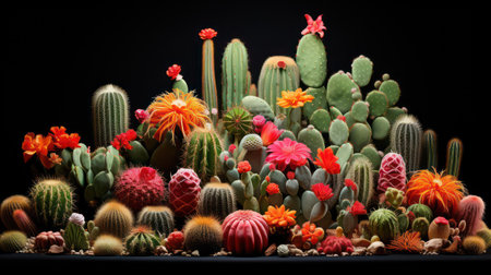 Variety of cactuses isolated on black background. Studio shot.の素材