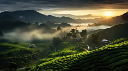 Tea Plantation at Sunrise, Munnar, Kerala, South Indiaの素材