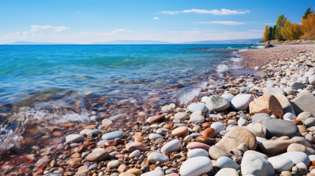 Colorful pebble beach on the shore of Lake Baikalの素材