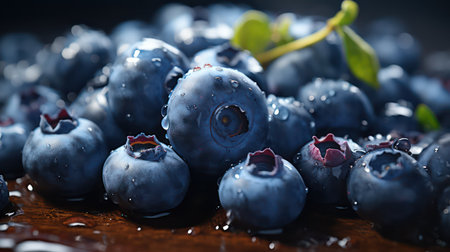 Fresh blueberry with water drops on wooden table, closeup viewの素材