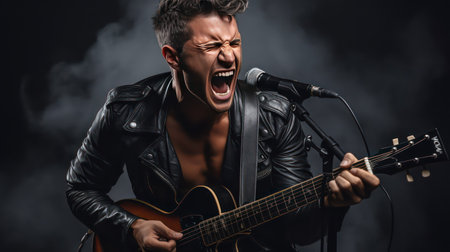 musician screaming while playing electric guitar and singing into microphone on blackの素材