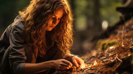 Beautiful girl with long curly hair sitting at the campfire in the forest.の素材